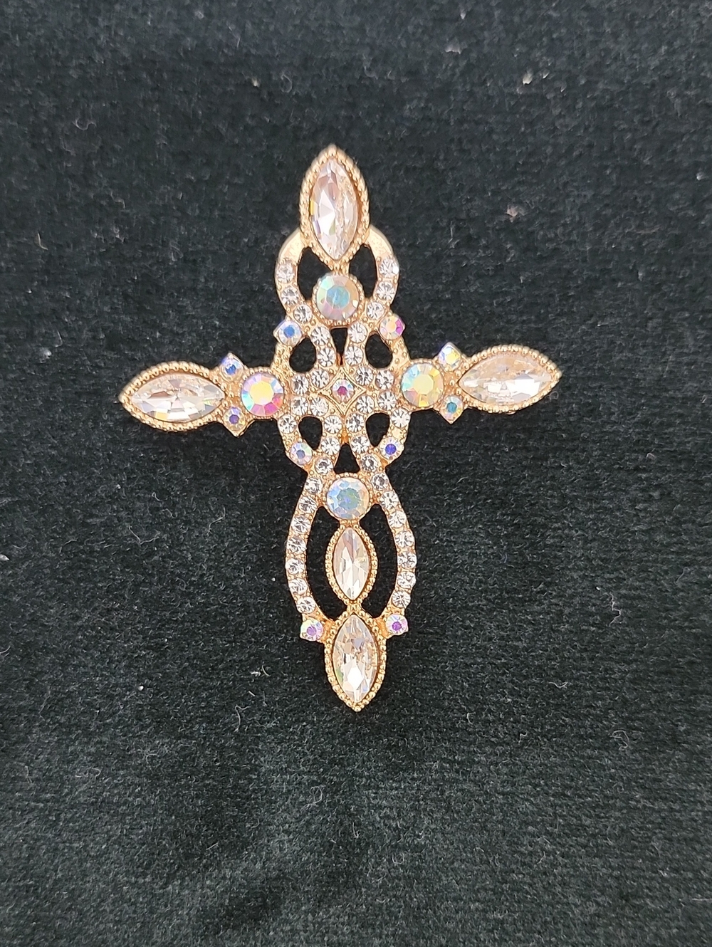 Gold Crystal Cross with Iridescent Accents Brooch Pendant Necklace